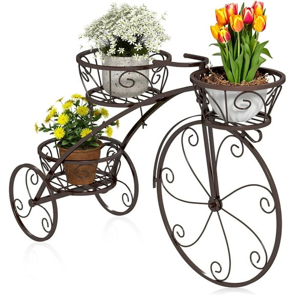 3-tier Bicycle Planter, Vintage Tricycle  Display Cart w/ Openwork Baskets & Fixed Wheels, European-Inspired Metal Decorative  Stand for Gardens, Patios, Balconies (Bronze)