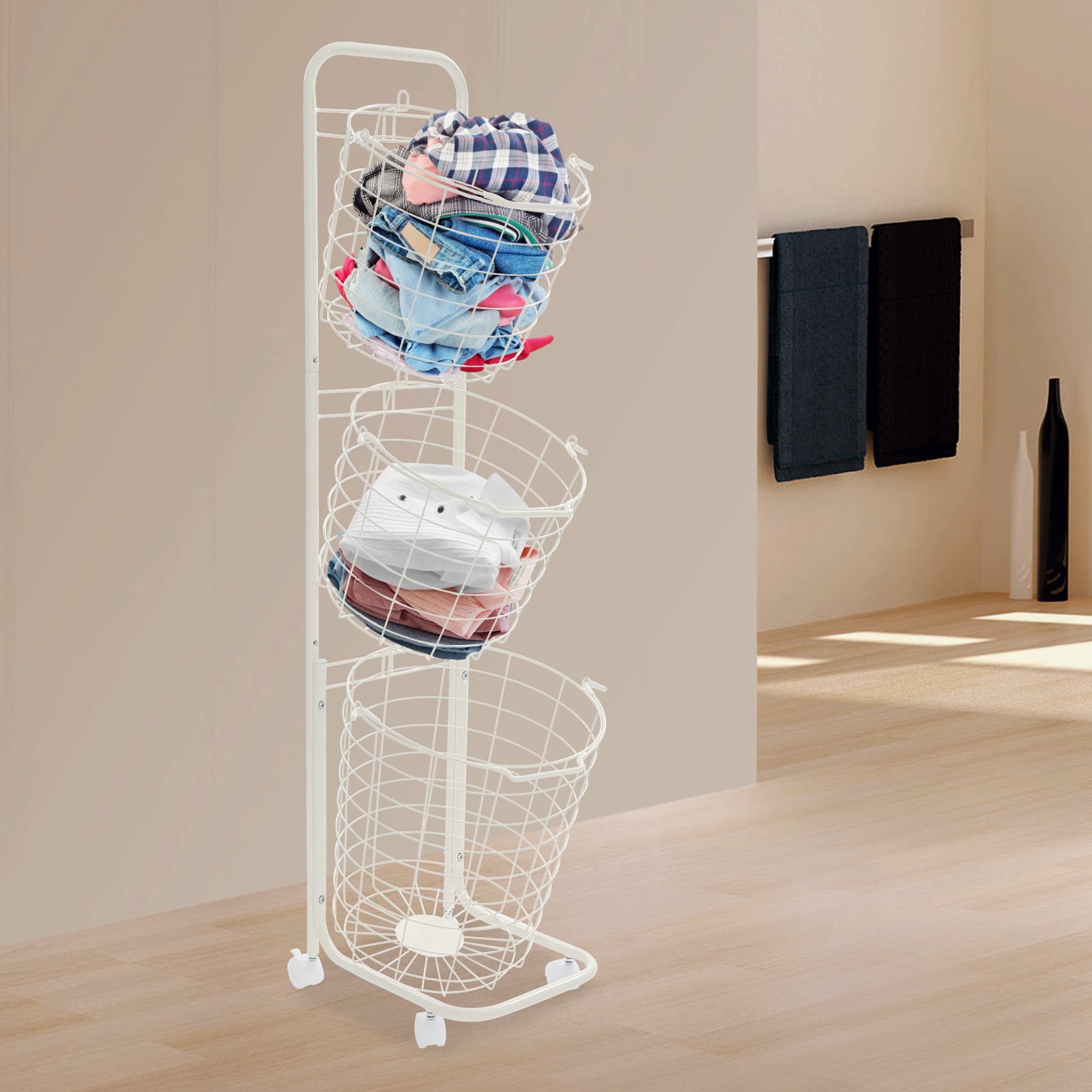3-tier Laundry Hamper, Laundry Basket with Wheels and 3 Removable Basket White