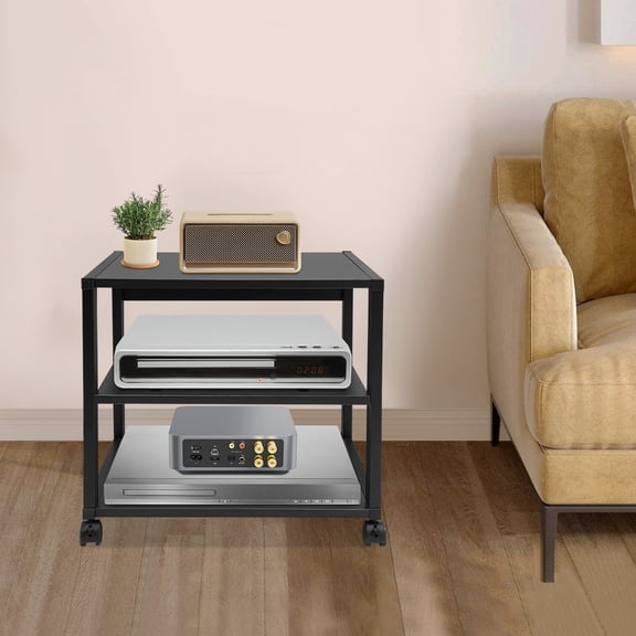 3-tier Modern Black Av Media Stand Tv Entertainment Center Stereo Components With Wheels Home