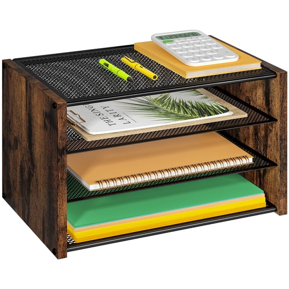 3-tier Paper Letter Tray Wooden Desk File Organizer Stackable Metal Mesh For Office Supplies. Small Trays Home School Rustic Brown