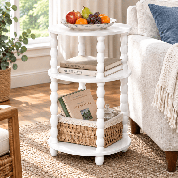 3-tier Round Side Table Small End With Solid Wood Spindle White