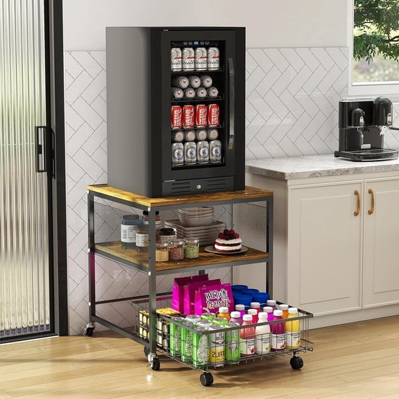 3-tier Small Refrigerator Stand with Storage- Rolling Mini Fridge Cart with Wheels, Heavy Duty 21"L* 21"W Fridge Table, Sturdy Metal Frame, for Home, Dorm, Apartment, Office, Rustic Brown