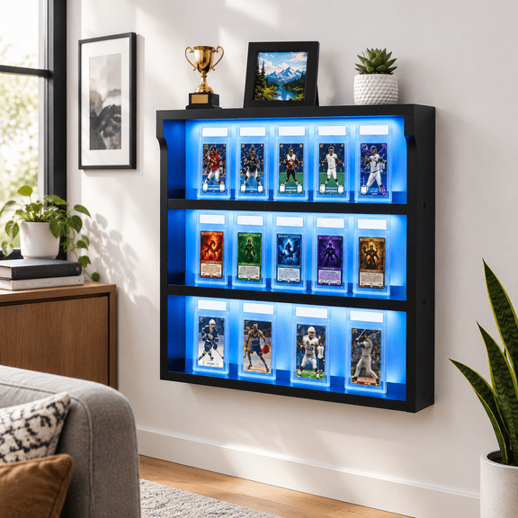 3-tier Wall-Mount Trading Card Display Case with RGB Lighting