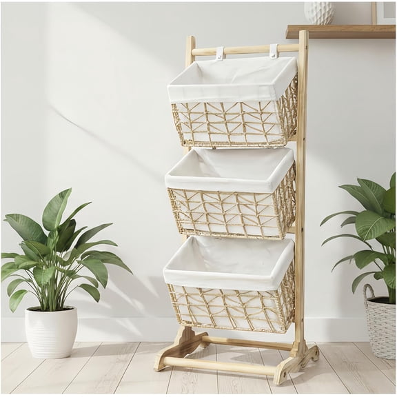 3 tier basket stand wicker storage basket, floor-standing basket organizer rack, Multipurpose Rattan Rack for Bedroom Living Room Kitchen, Holds Clothes Toys Books fruit, Bohemian Home Decor