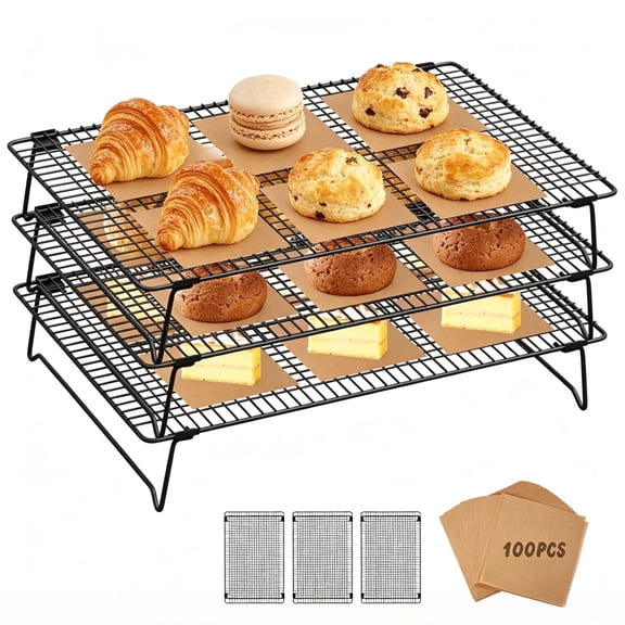 Three-Tier Stackable Baking Cooling Rack, 17 x 11-inch Non-Stick Coated Metal Wire Cooling Rack, Foldable Cookie, Cake, and Bread Cooling Rack, Comes with 100 Sheets of Baking Paper