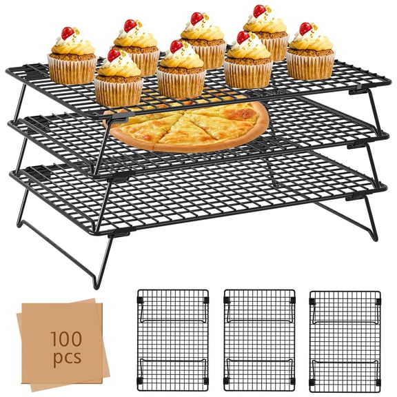 3-Tier Collapsible Cooling Rack, 16.81" x11.02" Carbon Steel Wire Baking Rack with 100 Parchment Paper Sheets, Stackable Cookie Cooling Rack for Baking Cake Pizza