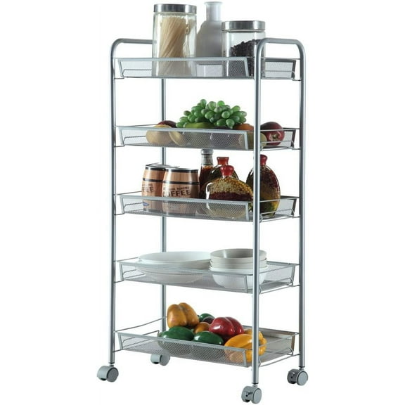 3 tier rolling cart, mesh utility cart storage rack with hooks, wire basket shelving trolley cart for kitchen and office