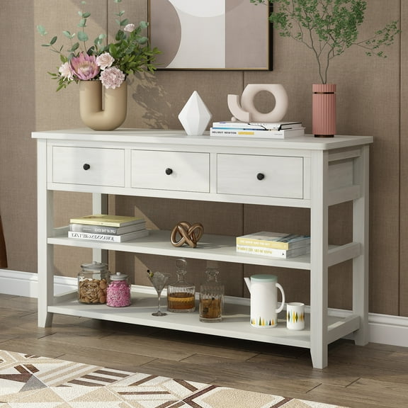 3-tier vintage solid wood console table, warm style console table coffee table, elegant and stylish, durable, with 3 drawers and shelves, suitable for living room entryway bedroom, white