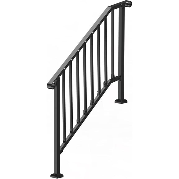 3 to 4 Step Stair Hand Rail Kit Transitional Iron Railing with Installation Kit for Seniors, Concrete Steps, Porch, Deck Black Retro Arch Design