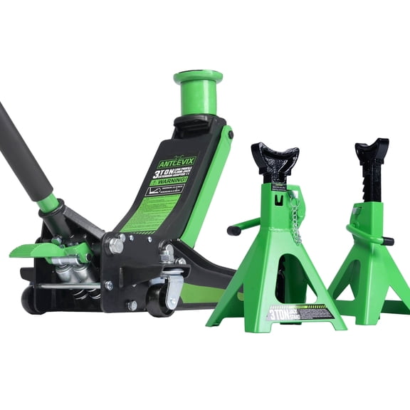 3 ton Double Lock Jack Stand with 3 Ton Steel Hydraulic Off-Road Floor Jack Combo Dual Piston Pump, Foot Pedal, Extension Adapter