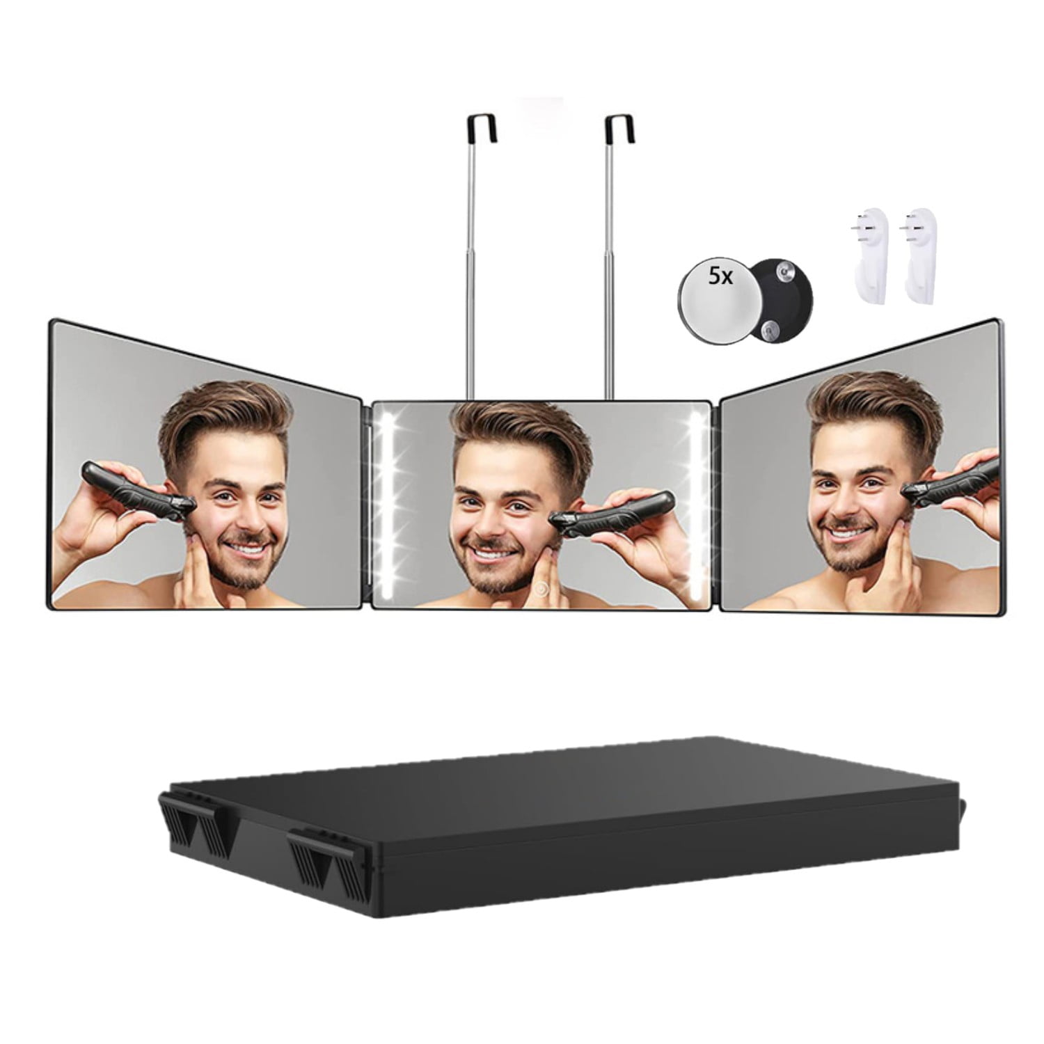 Behome 3 Way Mirror for Hair Cutting with Light, 360°Trifold Mirror with 5X Magnification, Adjustable Brightness