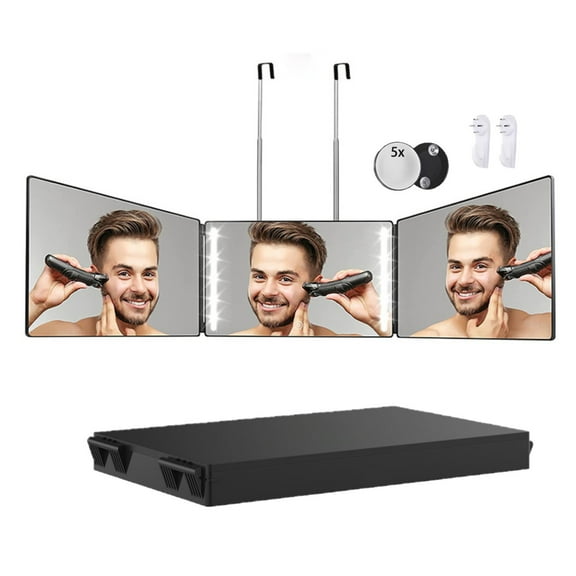 Behome 3 Way Mirror for Hair Cutting with Light, 360Trifold Mirror with 5X Magnification, Adjustable Brightness & Height, for Shaving, Makeup, Hair Styling(Black)