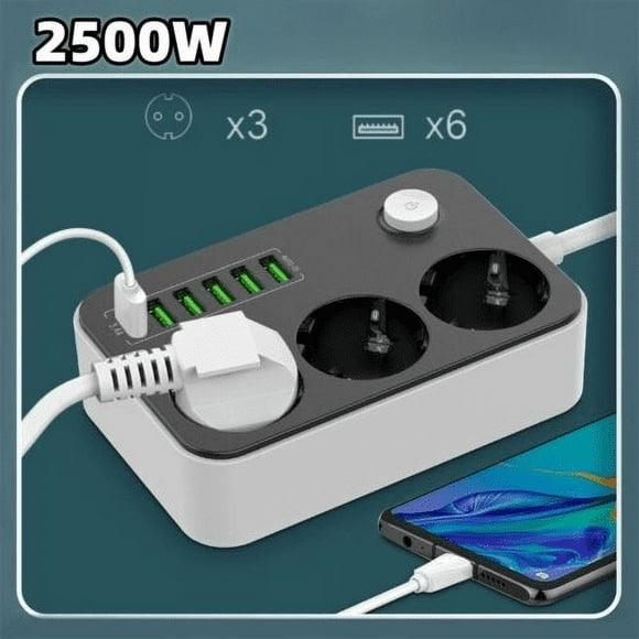 3-way power strip with USB multiple socket with flat plug and switch
