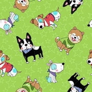 3 wishes fabric Dog Days Tossed Dogs Green multicolor 100% Cotton Fabric sold by the yard