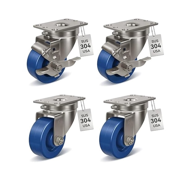 3" x 1.25" Stainless Steel Casters,Heavy Duty Casters Set of 4 - Solid Polyurethane Caster Wheels for Laboratories, Food Service - Load Capacity 1400 lbs(2 Brake 2 Swivel)