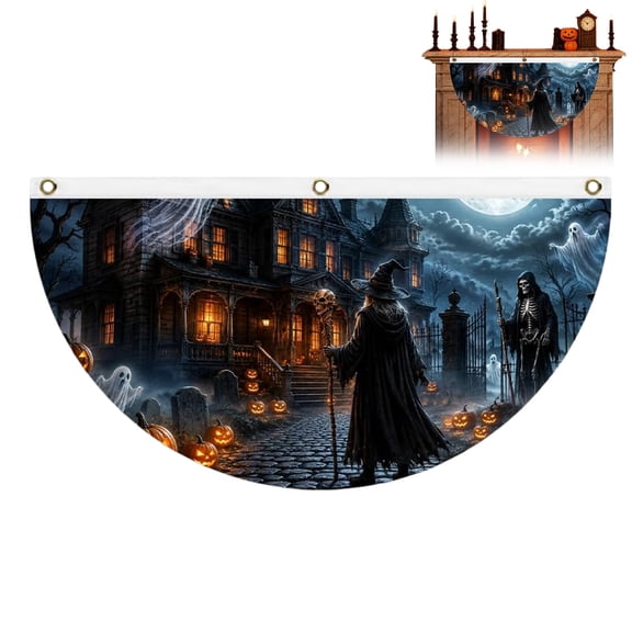 3 x 1.5 Ft Halloween Hanging Bunting Flag Pleated Half Fan Design for Porch Yard Garden Patio Indoor Outdoor Decorations(1PC)