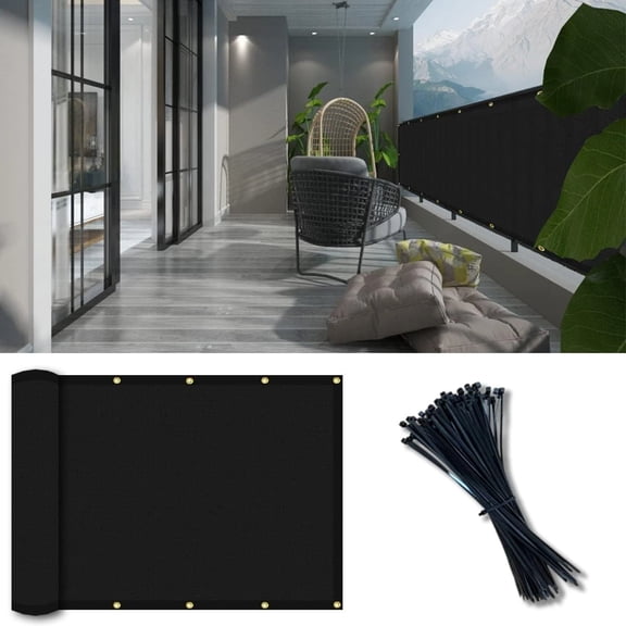 3' x 10' Black Balcony Privacy Screen, Apartment Porch Railing Patio Fence Windscreen Fabric Cloth, Heavy Duty, 90% Blockage, Commercial and Residential