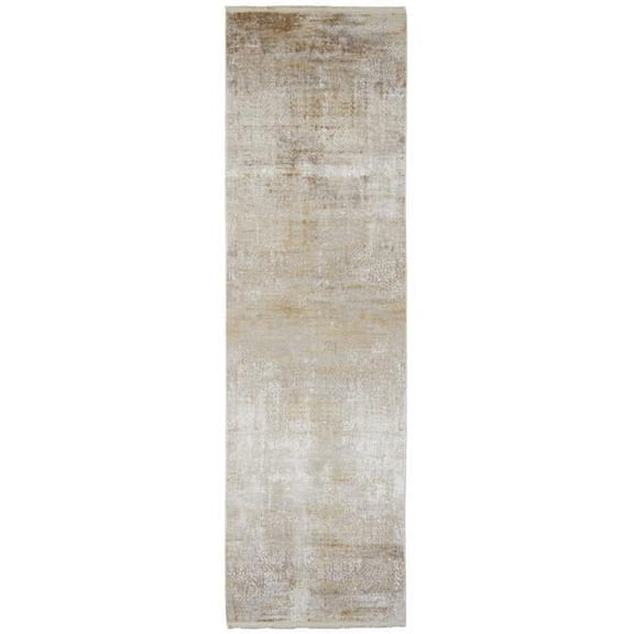 3 x 10 ft. Taupe Ivory & Gold Abstract Runner Area Rug with Fringe