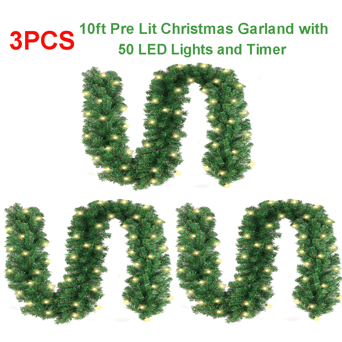 3 x 10Ft Prelit Christmas Garland with 50 LED Lights & Timer