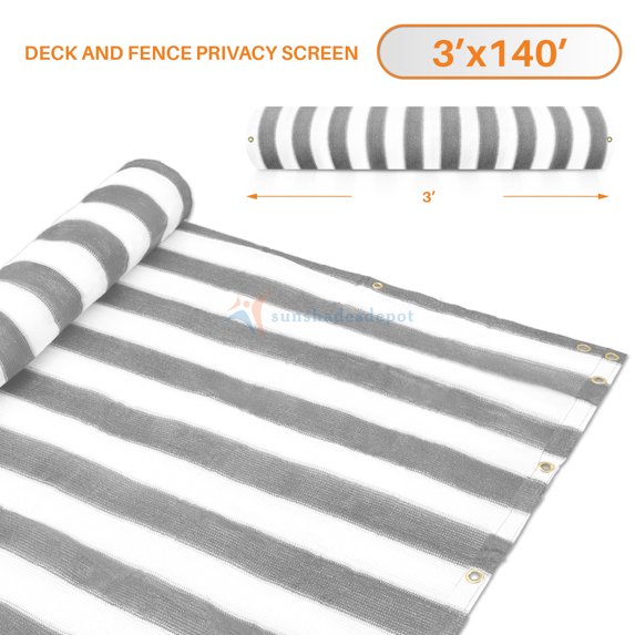 3' x 140' Gray (Grey) with White Stripes Residential Commercial Privacy Deck Fence Screen 160 GSM Weather Resistant Outdoor Protection Fencing Net for Balcony Verandah Porch Patio Pool Backyard Rails