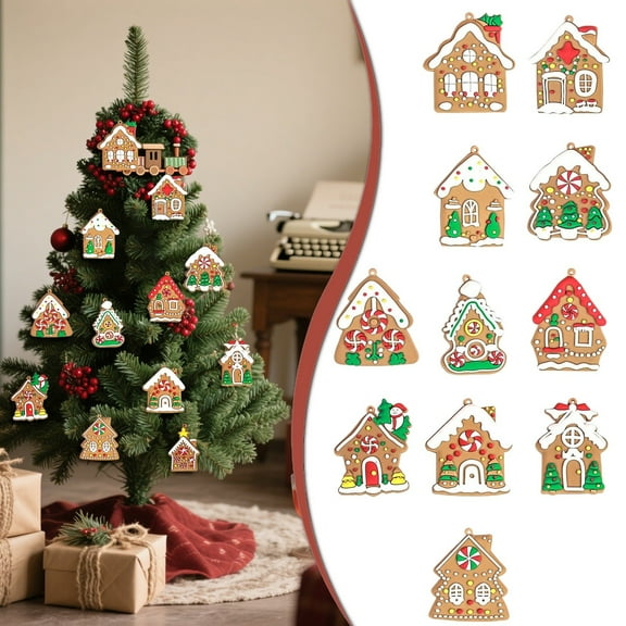3"x 2.5" Gingerbread House Ornaments Christmas Tree Decoration - 12pcs Gingerbread House Christmas Decorations Hanging Ornaments for Holiday Xmas Tree Home Decor, Christmas House Tree Decorations