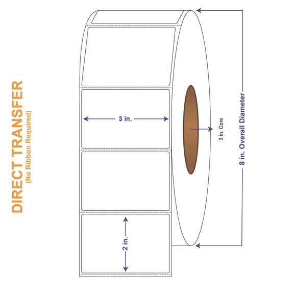 3" x 2" White Direct Print Thermal Labels, 2900 per roll (8 Rolls per Carton)