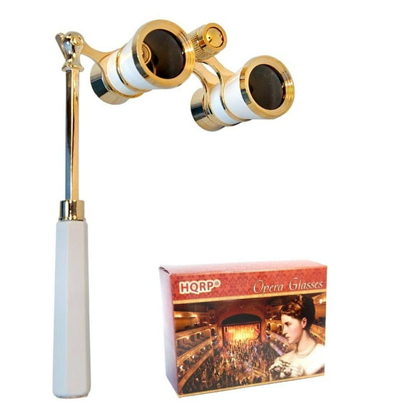3 x 25 Opera Glasses Binocular w/ Built-In Extendable Handle / White-Pearl with Gold Trim with Crystal Clear Optics (CCO) by HQRP