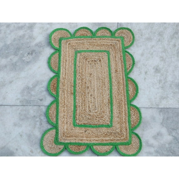 3 x 3 Feet Square ( 90 cm x 90 cm ) Natural Jute with Green Scalloped Area Rugs , Home Decor Rugs