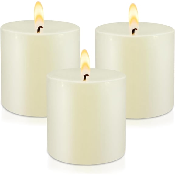 3" x 3" Hand-Poured Unscented Ivory Candle, Dripless Pillar Candle Set of 3, Long Clean Burning, Approx 40 Hours Burn Time, Rustic Country Style, Christmas, Wedding, Dinner and Home Decor