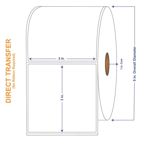 3" x 3" White Direct Print Thermal Labels, 850 per roll (4 Rolls per Carton)