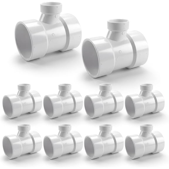 3" x 3" x 2" PVC DWV Drain Waste Vent Sanitary Tee Reducing Hub, White PVC Drain, Waste & Vent Fitting, (10 Pack)