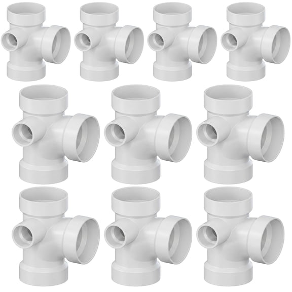 3" x 3" x 3" x 2" White PVC DWV Sanitary Tee w/ Left Side Inlet All Hub PVC Drain, Waste & Vent Fitting, (10 Pack)