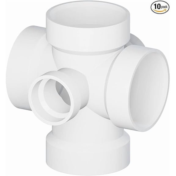 3" x 3" x 3" x 3" x 2" x 2" PVC DWV Double Sanitary Tee with Left & Right Side Inlet Hub, White PVC Drain, (10 Pack)