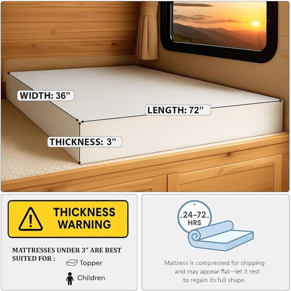3" x 36" x 72" High Density RV Bunk Mattress Foam Replacement Topper for Camper, Truck, Travel Trailer, Firm, CertiPUR-US Certified, Made in USA, Cover Not Included