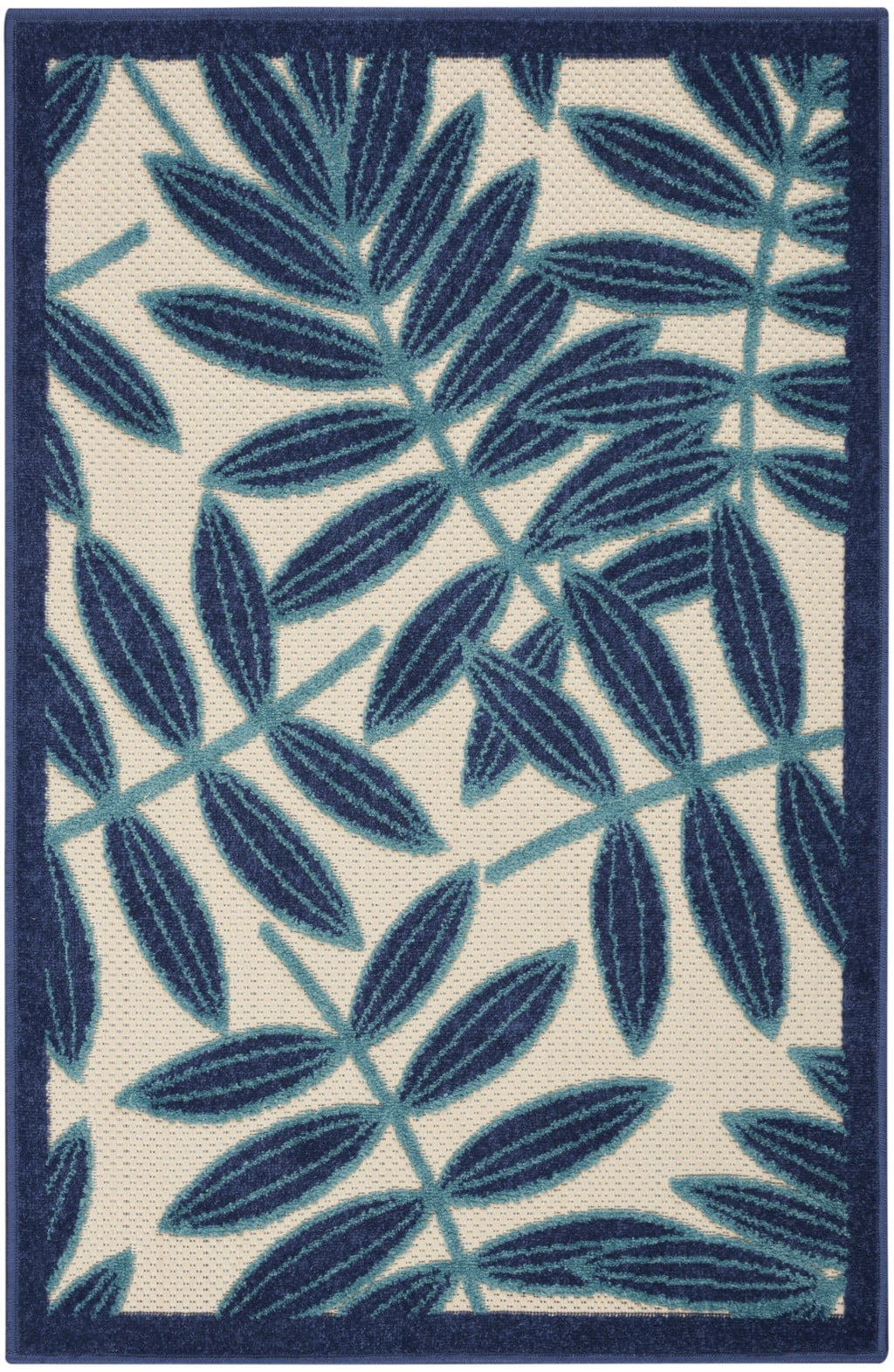 3â€™ x 4â€™ Navy and Beige Leaves Indoor Outdoor Area Rug