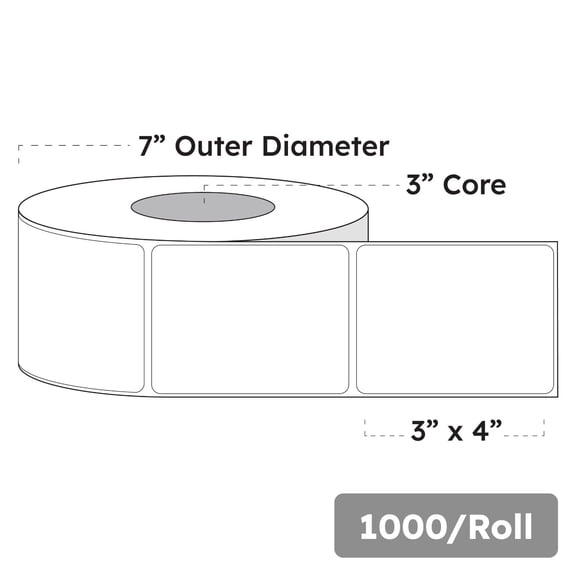 3" x 4" x 1000 Labels, White Gloss BOPP Roll Inkjet Labels, 3" Core, Blank