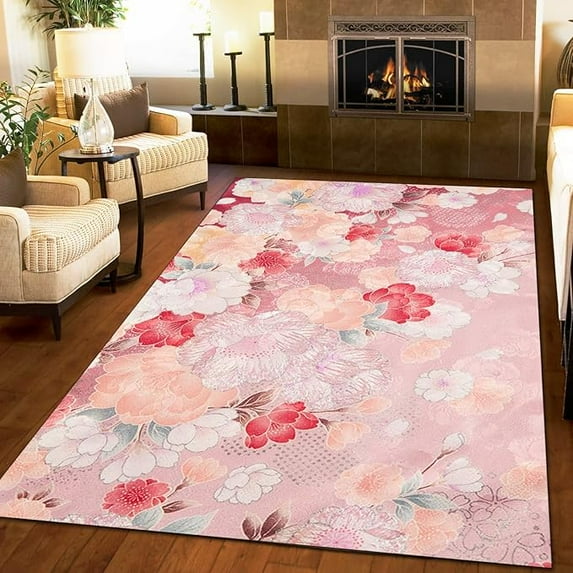 3 x 4ft Pink Floral Rug, Decorative Rug, Beautiful Romantic Area Rug For Indoor Living Room Bedroom Study Dining Room Corridor And Outdoor Terrace ﻿