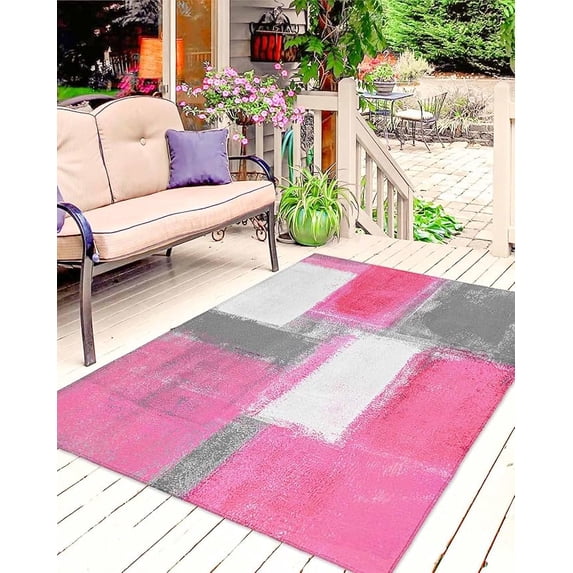 3 x 4ft Pink Grey Outdoor Rug For Patio/Deck/Porch, Non-Slip Area Rug, Modern Geometric Gray Oil Painting Abstract Art Indoor Outdoor Rugs Washable Area Rugs