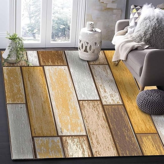 3 x 4ft Wood Brown Area Rug, Modern Outdoor Living Room Bedroom Area+Rug Carpet, Kitchen Rug Bath Mat Front Porch Floor Doormat Runner Rugs, Farmhouse Planks Barn Antique Orange