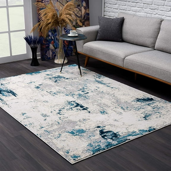 3â€™ x 5â€™ Blue and Ivory Abstract Strokes Area Rug