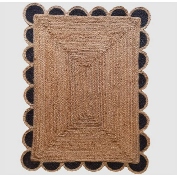 3 x 5 Feet ( 90 cm x 150 cm ) Natural Jute with Black Scalloped Area Rugs , Home Decor Rugs