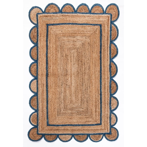 3 x 5 Feet ( 90 cm x 150 cm ) Natural Jute with Blue Scalloped Area Rugs , Home Decor Rugs