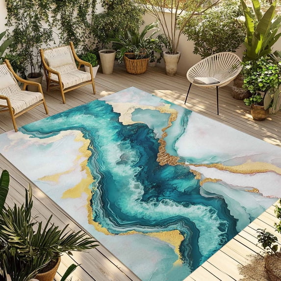 3' x 5' Outdoor Rug, Abstract Marble Outdoor Washable Rug Large Floor Carpet, Turquoise Abstract Golden Foil Texture Non Shedding Area Rug for Outside Patio RV Porch Deck Balcony Camping Living Room