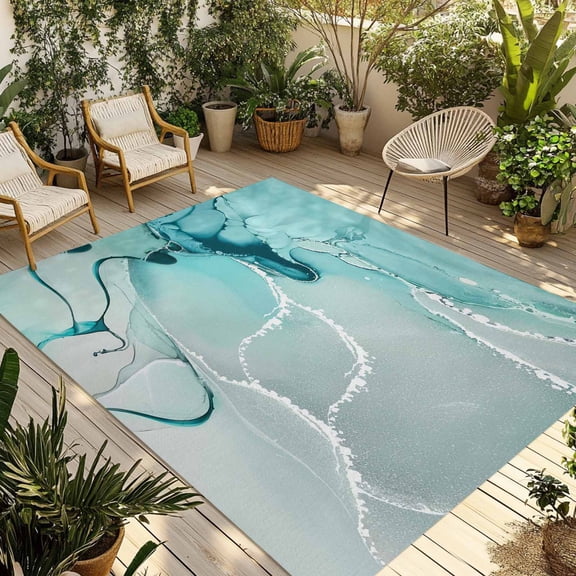 3' x 5' Outdoor Rug, Aqua Marble Outdoor Washable Rug Large Floor Carpet, Modern Abstract Gradient Water Fluid Art Non Shedding Area Rug for Outside Patio RV Porch Deck Balcony Camping Living Room