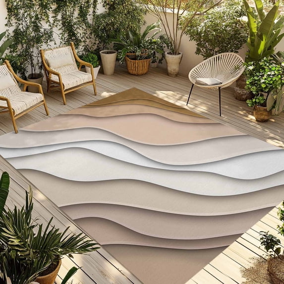 3' x 5' Outdoor Rug, Beige Ombre Outdoor Washable Rug Large Floor Carpet, Modern Geometric Abstract Aesthetic Cream Non Shedding Area Rug for Outside Patio RV Porch Deck Balcony Camping Living Room