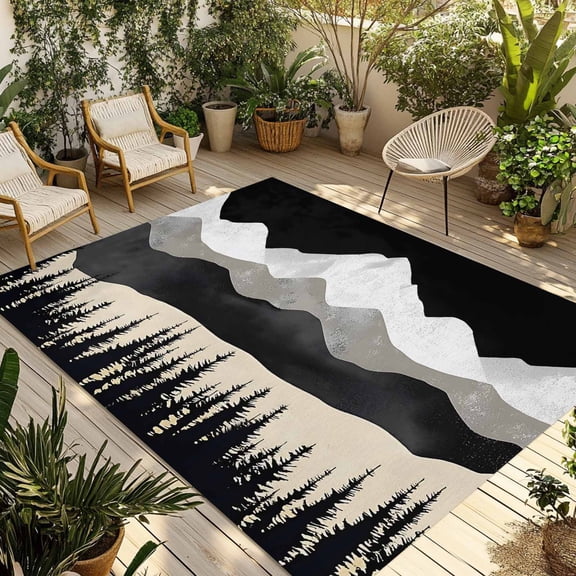 3' x 5' Outdoor Rug, Black Mountain Outdoor Washable Rug Large Floor Carpet, Peaks Landscape Forest Tree Non Shedding Area Rug for Outside Patio RV Porch Deck Balcony Camping Living Room