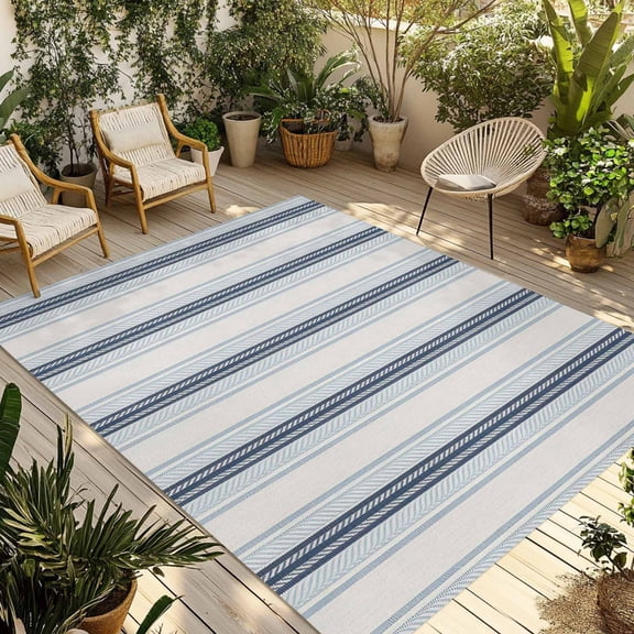 3' x 5' Outdoor Rug, Blue Beige Outdoor Washable Rug Large Floor Carpet, Modern Abstract Gradient Vertical Stripes Non Shedding Area Rug for Outside Patio RV Porch Deck Balcony Camping Living Room