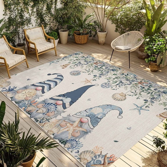 3' x 5' Outdoor Rug, Blue Gnomes Coastal Outdoor Washable Rug Large Floor Carpet, Summer Beach Eucalyptus Leaves Rustic Non Shedding Area Rug for Outside Patio RV Porch Deck Balcony Camping