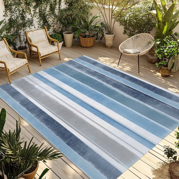 3' x 5' Outdoor Rug, Blue Nordic Style Stripes Outdoor Washable Rug Large Floor Carpet, Blue Gray Texture Non Shedding Area Rug for Outside Patio RV Porch Deck Balcony Camping Living Room