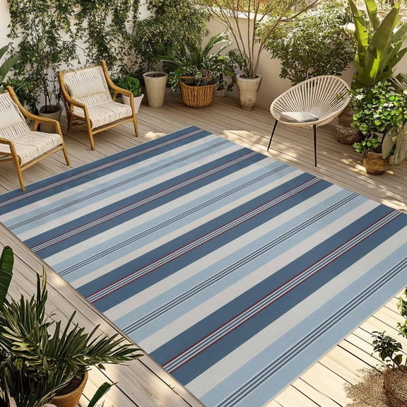 3' x 5' Outdoor Rug, Blue Striped Outdoor Washable Rug Large Floor Carpet, Farmhouse Modern Stripes Art Non Shedding Area Rug for Outside Patio RV Porch Deck Balcony Camping Living Room